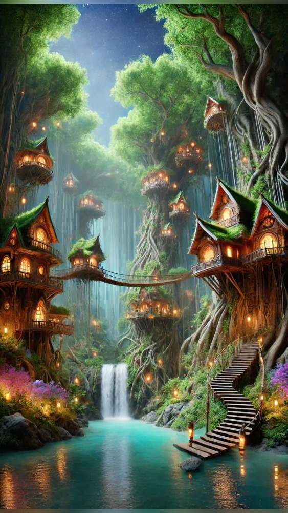 Fantasy Treehouse Village Mobile Phone Wallpaper Image 1